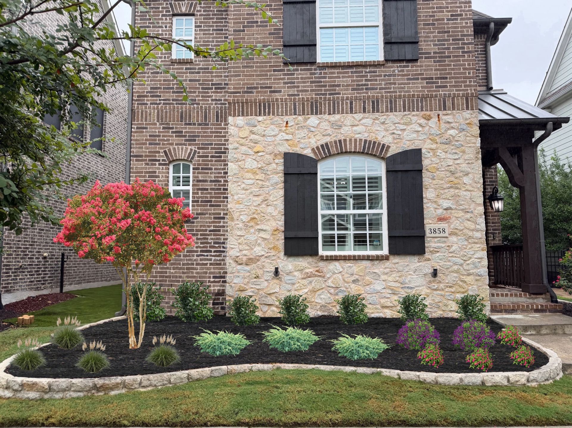 Front-yard flower bed and landscaping installed by Somoza's Landscaping